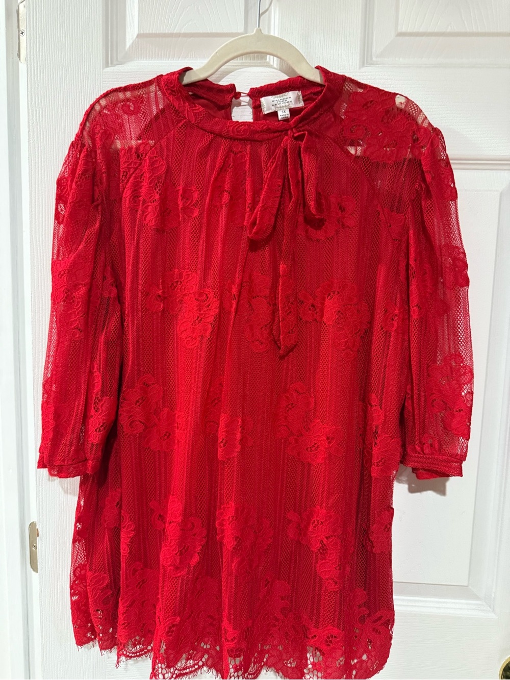 Girls Red Lace Tie-Neck Dress